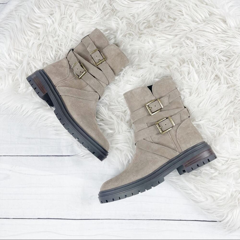 Vince Camuto Taupe Brown Suede Leather Moto Boots Size‎ 8.5 VP- Belisha2